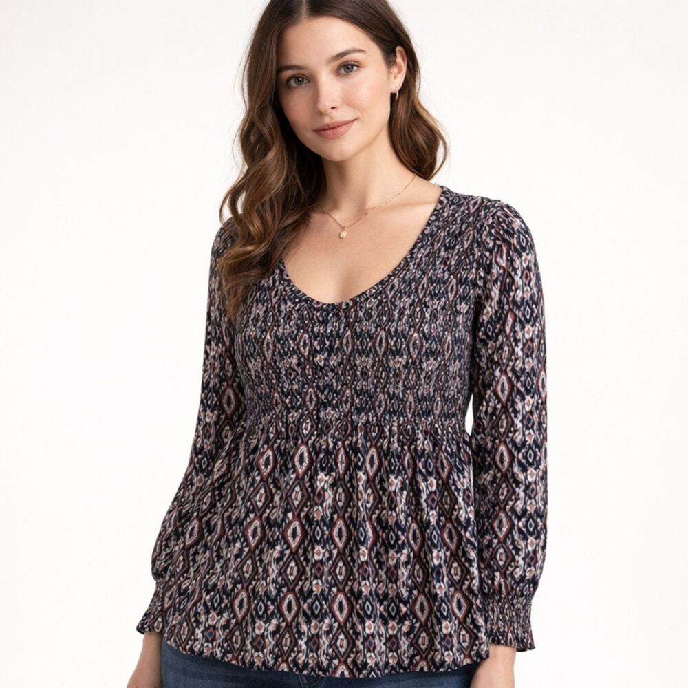 Fat Face UK Smocked Baby Doll Top Womens Sz 12 Dark Ikat Print Cotton Modal Boho